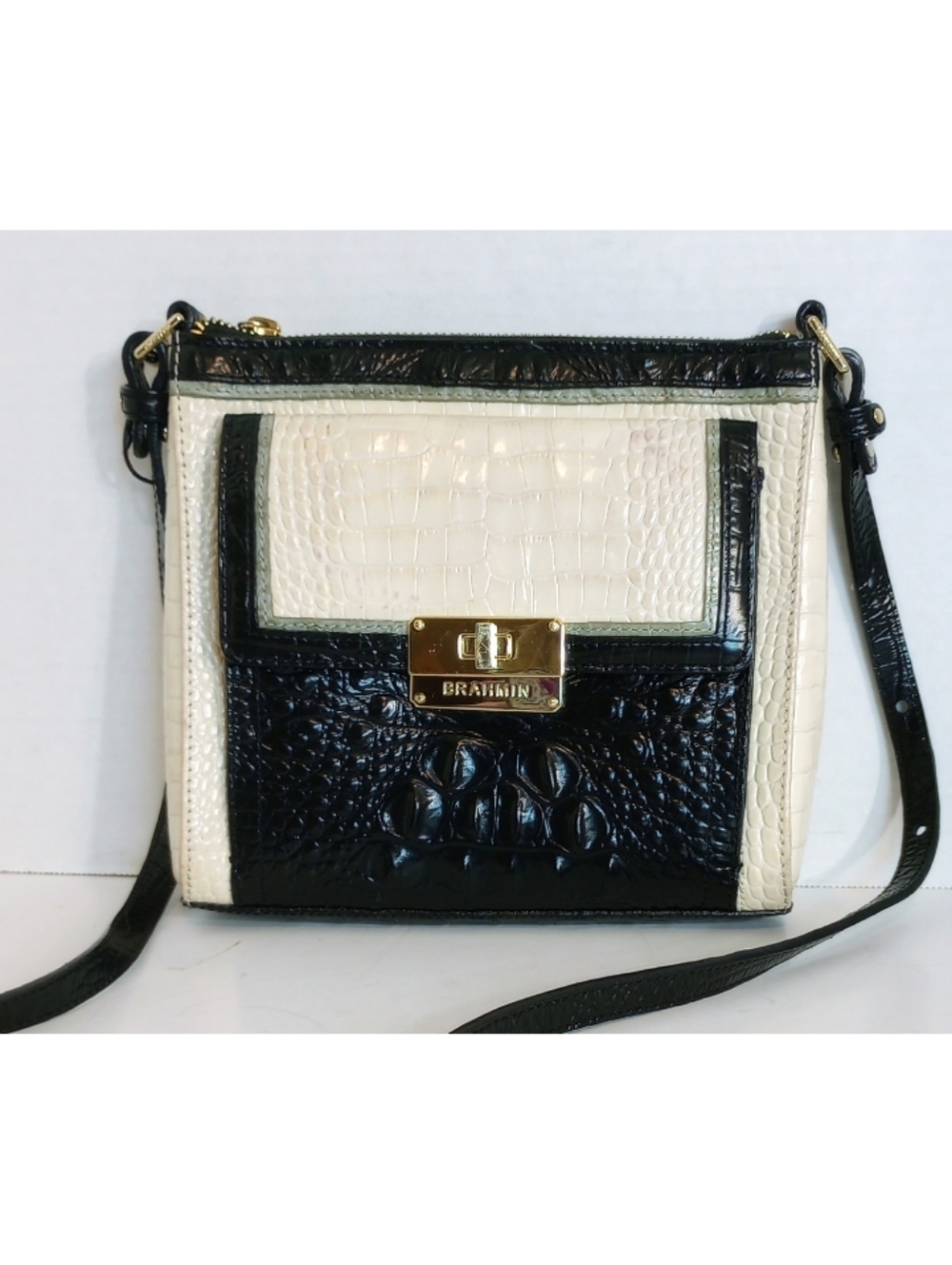 Brahm Mimosa Cream & Black Crossbody Purse, Built-in Wallet, Croc Embossed